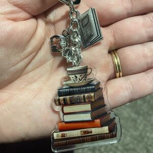 Book Stack Keychain with Teacup